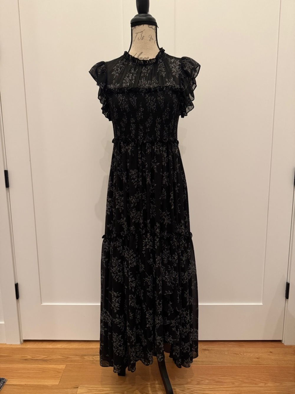 cinq a sept Black Floral Ruffle Maxi Dress